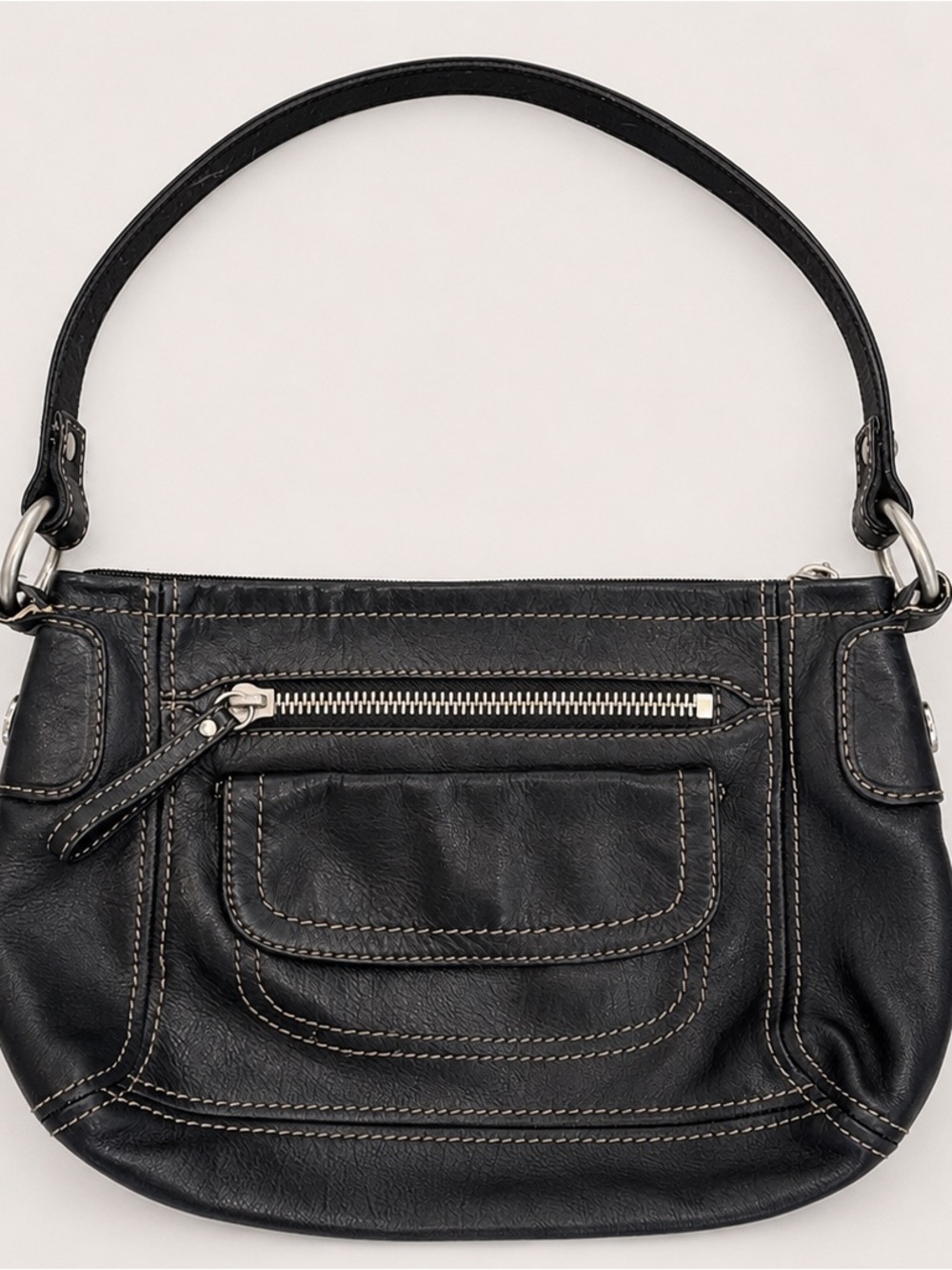 Fossil Black Leather Shoulder Bag Purse Contrast Stitching